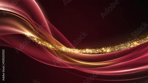 An elegant and luxurious abstract background with flowing deep red or burgundy waves and a river of sparkling golden glitter