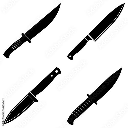 Illustration showing a set of four knives with different handles and blade shapes in black and white
