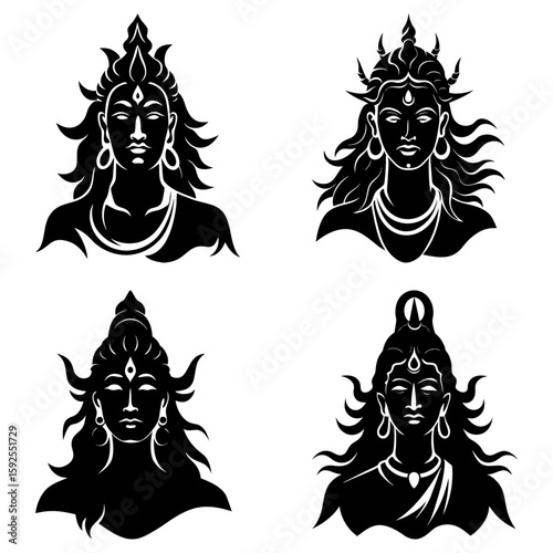 Four black and white illustrations of deity figures with intricate hairstyles and jewelry designs