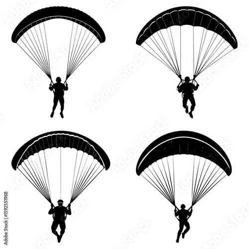 Four black and white silhouettes of paragliders with open parachutes in varying positions on a white backdrop