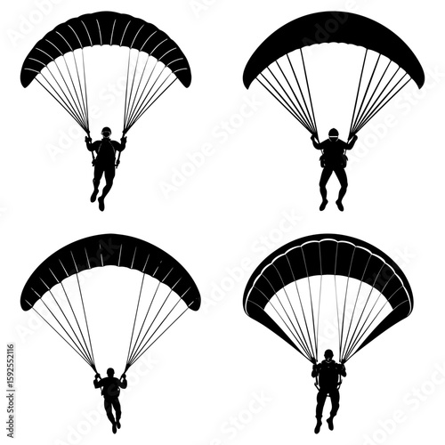 Four parachutists descending with open parachutes in a black and white silhouette illustration style image