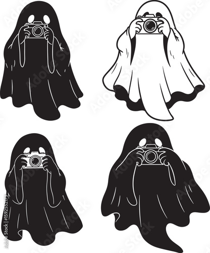 Four cute ghost characters holding cameras silhouette