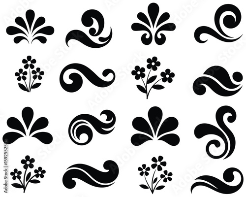Black floral and scroll design elements on white background