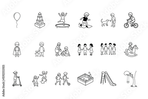 Children playing enjoying various outdoor activities toys activity