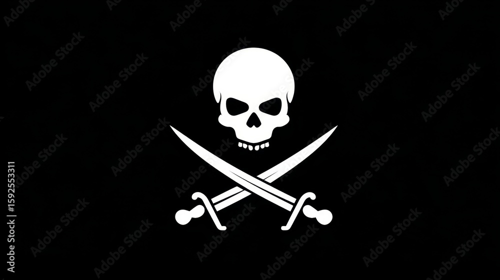 Fototapeta premium Classic jolly roger pirate flag with skull and crossed swords on black background