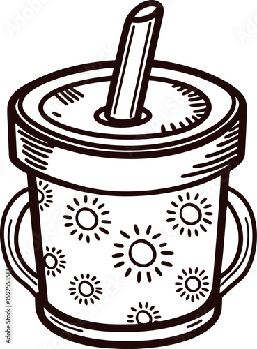Hand drawn sippy cup with straw and sun pattern isolated on white background