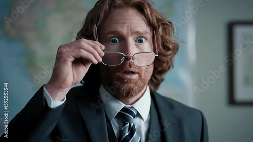 An astonished redhead professional expresses surprise, his eyes wide behind glasses, in a shock and funny reaction