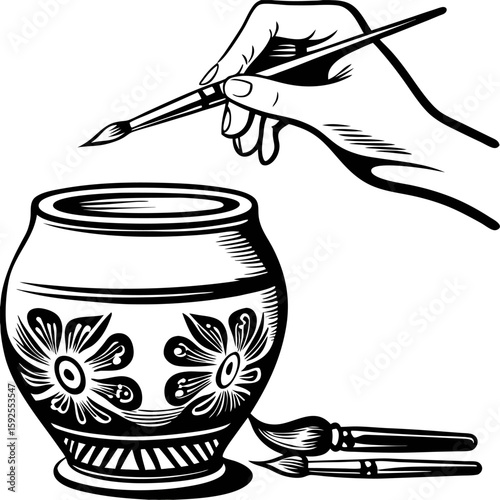 Hand painting decorative clay pot with floral patterns and brushes in vintage engraved illustration