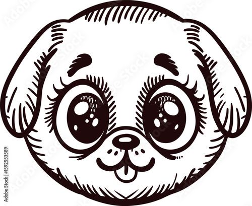 Adorable puppy face illustration with large sparkling eyes and playful expression in black and white