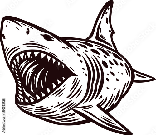 Aggressive vintage shark illustration with open mouth showing sharp teeth isolated on white background