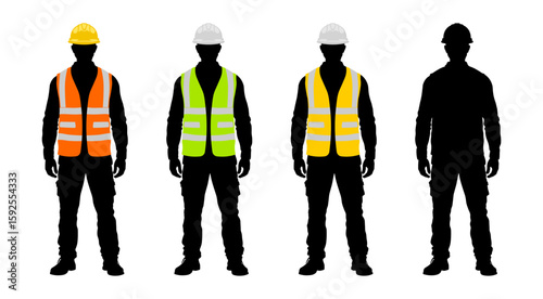 Set of four black silhouettes of construction workers in colored safety vests with reflective stripes and helmets, including orange, yellow, lime green, and black and white version, no background