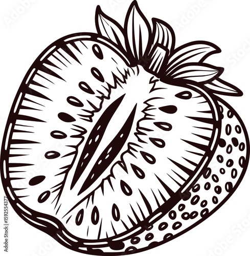 Vintage engraved drawing of a sliced strawberry isolated with intricate seeds, detailed hand drawn etching