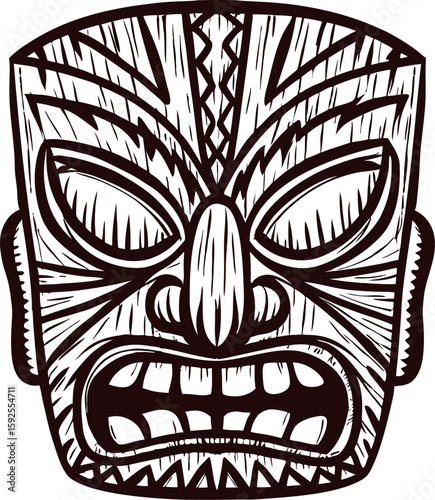 Hand drawn tribal tiki mask illustration with bold lines and detailed ornamentation isolated on white background