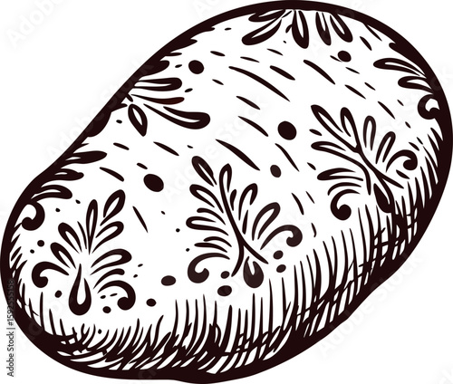 Vintage engraved illustration of a raw potato with hand drawn decorative lines and sketch details isolated on white