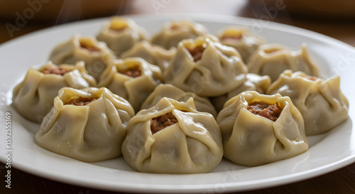 Stuffed dumplings, manti of dough and minced, close up