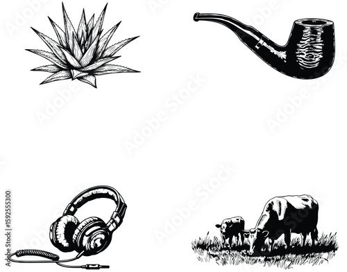 Vector art of agave plant and a tobacco pipe are shown with headphones and cows