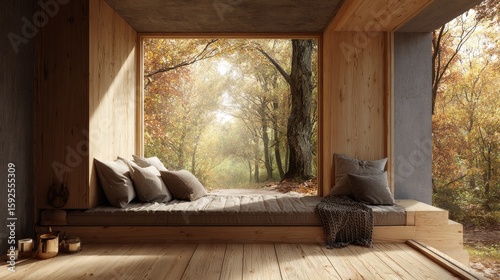 Cozy autumn forest retreat with wooden interior and scenic view