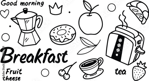 Fast food sketch for fastfood restaurant or bistro. Vector cheeseburger burger or hotdog sandwich snack, french fries or pizza and coffee or soda drink, taco and black burger.