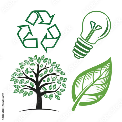 Eco friendly icons – recycle, tree, energy bulb, leaf, green vector set .
