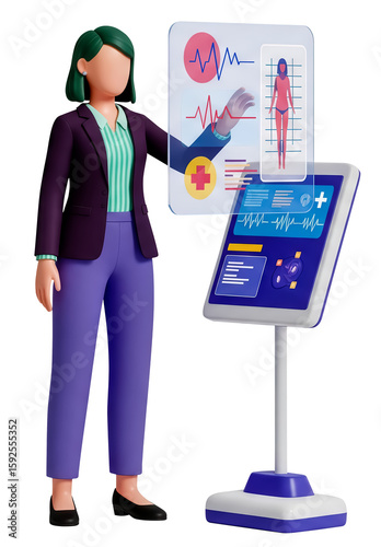 Illustration of a woman interacting with a holographic medical panel. Professional Using Medical Holographic Display. Futuristic Digital Health Illustration