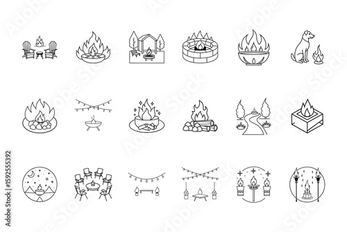 Outdoor backyard firepit seating area line art icons Bundle chairs