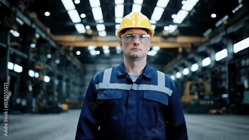 Serious factory worker in protective gear stands in large industrial plant