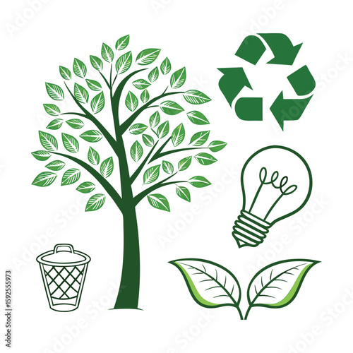 Eco friendly icons – recycle, tree, energy bulb, leaf, green vector set .