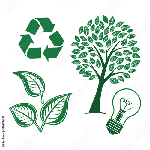Eco friendly icons – recycle, tree, energy bulb, leaf, green vector set .