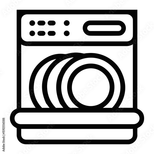 A minimalistic line drawing of a dishwasher filled with round plates inside the appliance box
