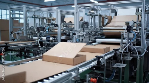 Cardboard boxes swiftly move along a conveyor belt in a modern factory setting for manufacturing
