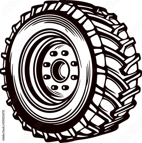 Detailed hand drawn illustration of a rugged off road vehicle tire with deep treads in black and white