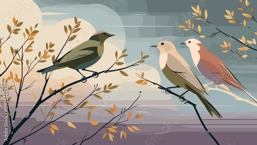 Stylized birds sitting on branches with autumnal leaves and soft background
