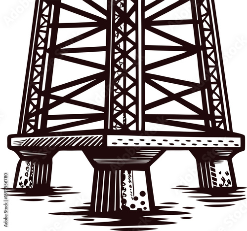 Detailed hand drawn oil drilling rig base in vintage engraving style, platform structure with water reflection