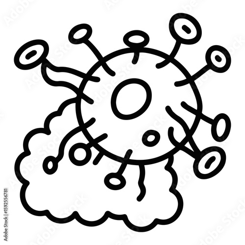 Vector Illustration of a stylized virus cell with spikes and a cloud like structure beneath it drawn