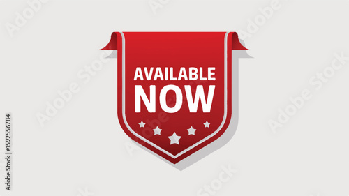 Red banner badge with white text available now vector