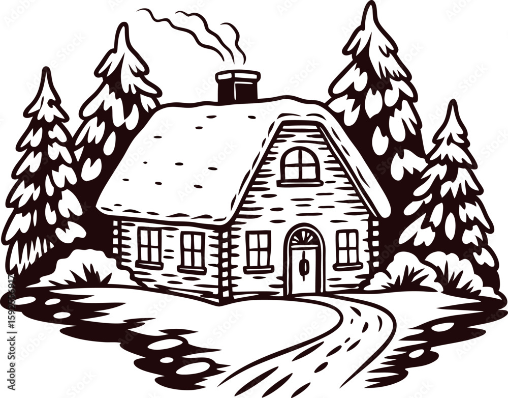 Fototapeta premium Rustic log cabin illustration surrounded by snow covered evergreen trees and winding path in winter woods