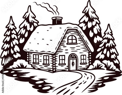 Rustic log cabin illustration surrounded by snow covered evergreen trees and winding path in winter woods