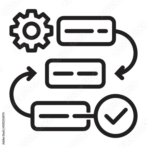 Vector Illustration of a workflow process with a gear, rectangular boxes, arrows, and a checkmark icon