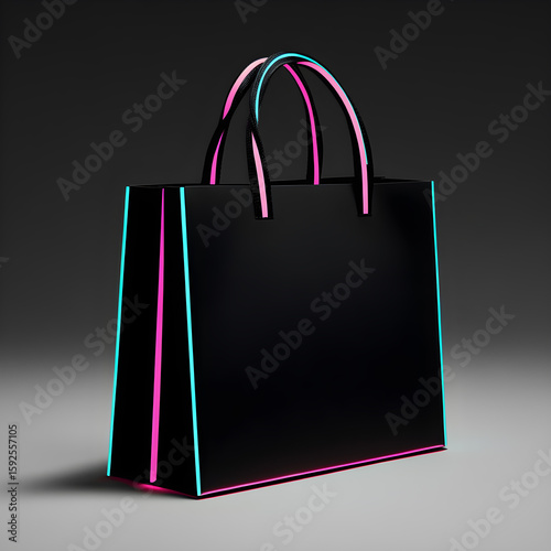 Black Shopping Bag with Cyan and Pink Neon Edges on Gray Background

