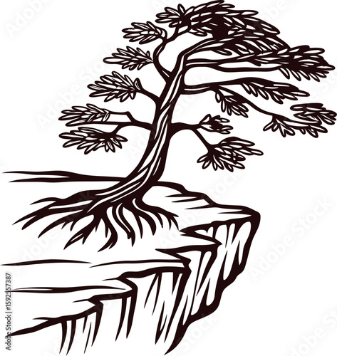 Resilient windswept pine tree with exposed roots growing on rugged rocky cliff edge illustration