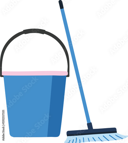 Cleaning bucket and mop vector illustration with blue and pink colors for household chores and janitorial use 