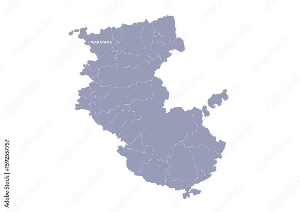 Fototapeta premium グレー色の日本地図, 和歌山県の行政区分付き地図, Gray colored map of Japan, Wakayama