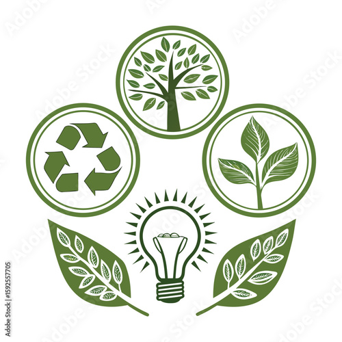 Eco friendly icons – recycle, tree, energy bulb, leaf, green vector set .