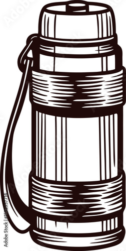 Hand drawn insulated flask with strap isolated on white background vintage engraved container illustration