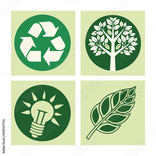 Eco friendly icons – recycle, tree, energy bulb, leaf, green vector set .