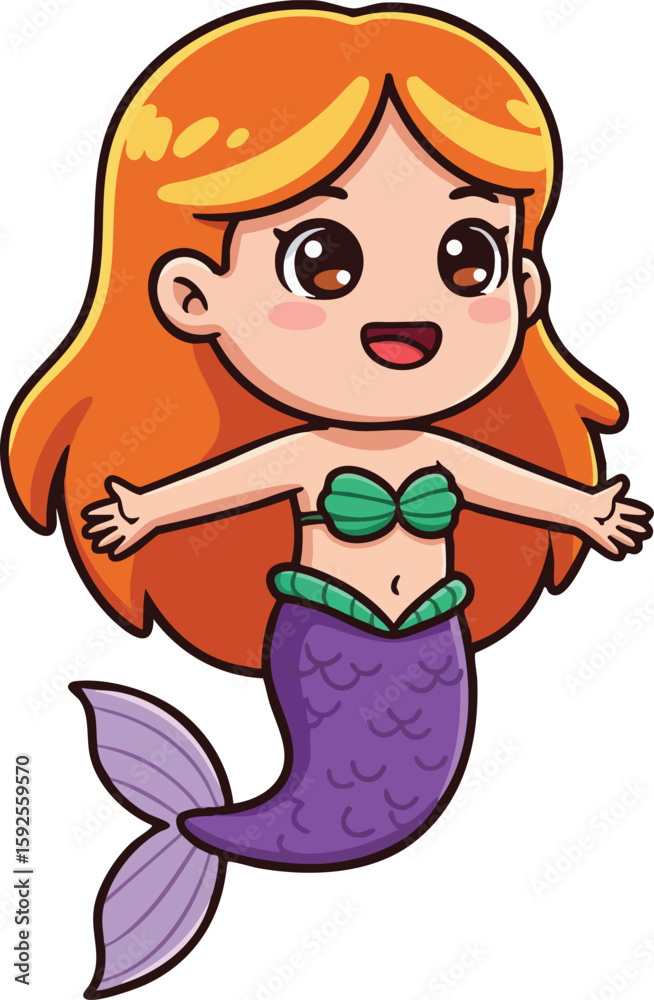 Cute cartoon mermaid with red hair and purple tail smiling with open arms vector illustration Cute cartoon mermaid with red hair and purple tail smiling with open arms vector illustration
