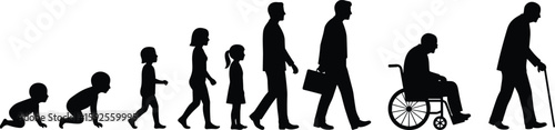 Human life stages from baby to elderly, aging process silhouette, growth progression illustration, family generation concept, developmental journey artwork