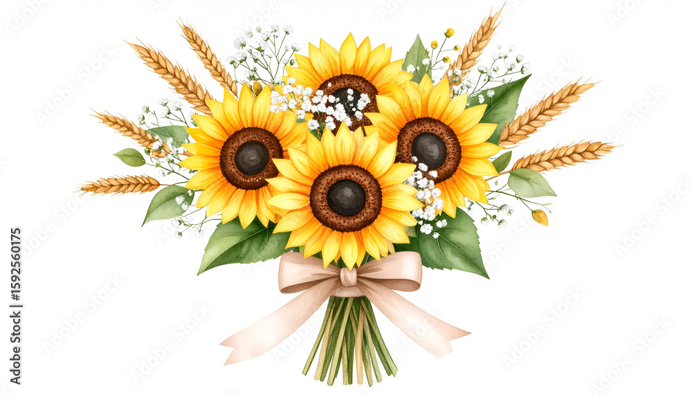 Fototapeta premium Bright Yellow Sunflower Bouquet with Rustic Wheat Accents