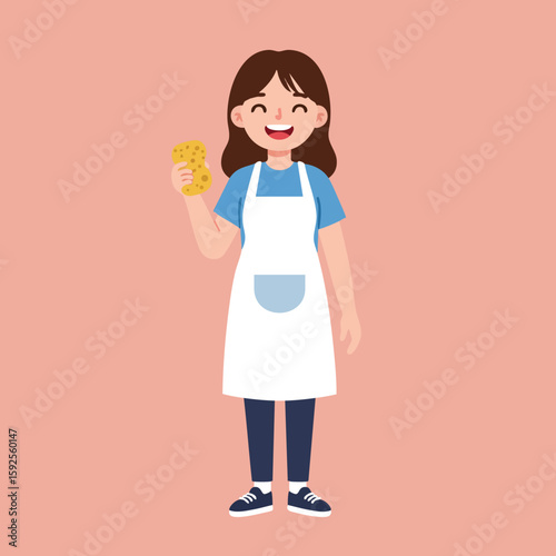 Smiling girl holding sponge wearing white apron and blue shirt cleaning concept vector illustration 