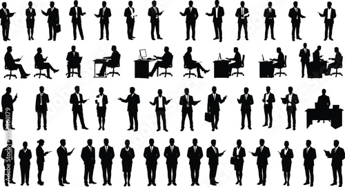Business people silhouettes in office, teamwork posture scenes, professional corporate group, workplace productivity concept, black vector design illustration